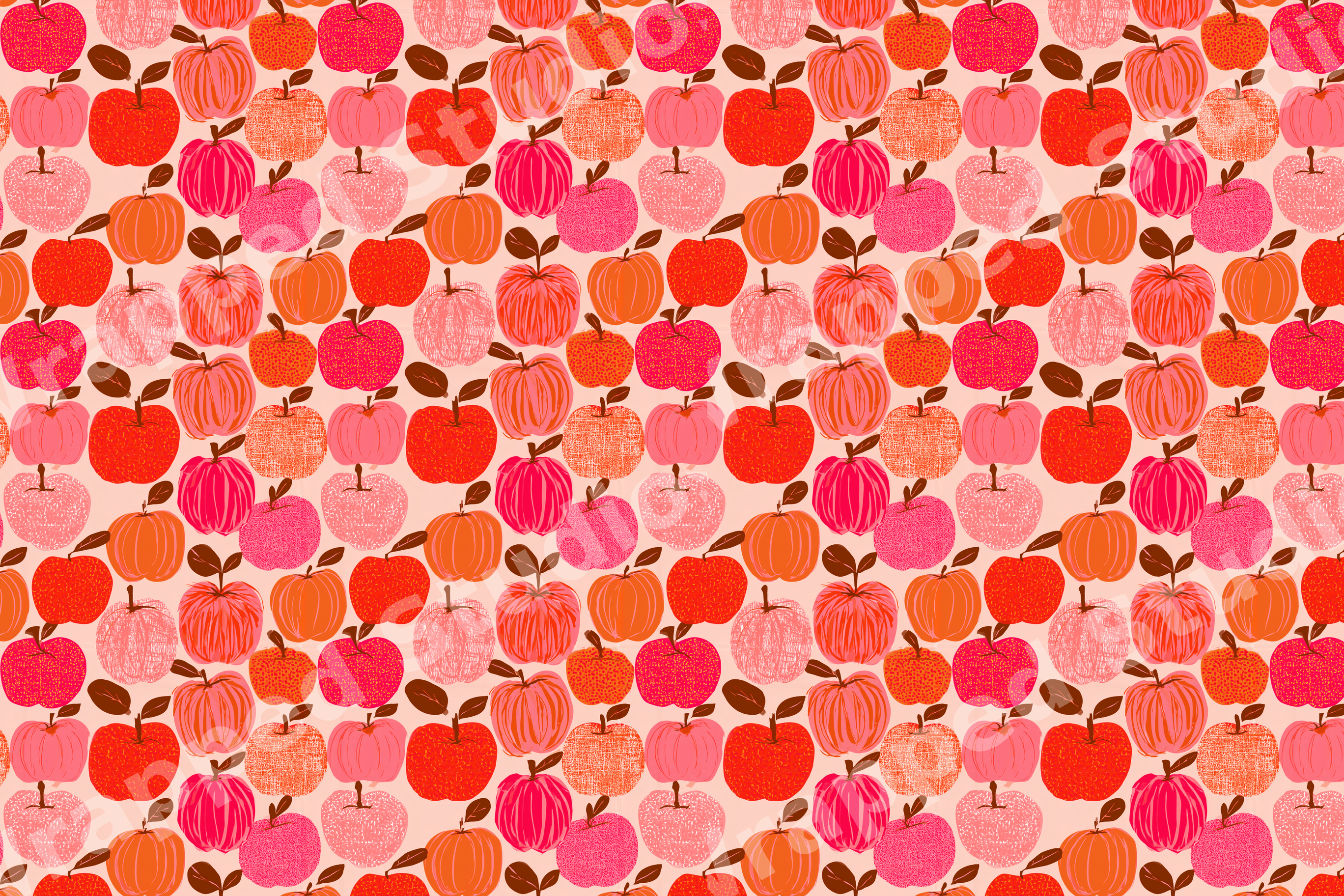 Playful retro apple pattern with illustrated red, pink, and orange fruit on a soft pink background.
