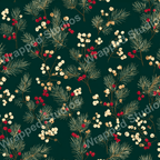 Elegant botanical pattern with pine needles and berry sprigs in gold, red, and cream on deep green.