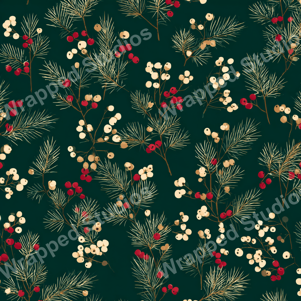 Elegant botanical pattern with pine needles and berry sprigs in gold, red, and cream on deep green.