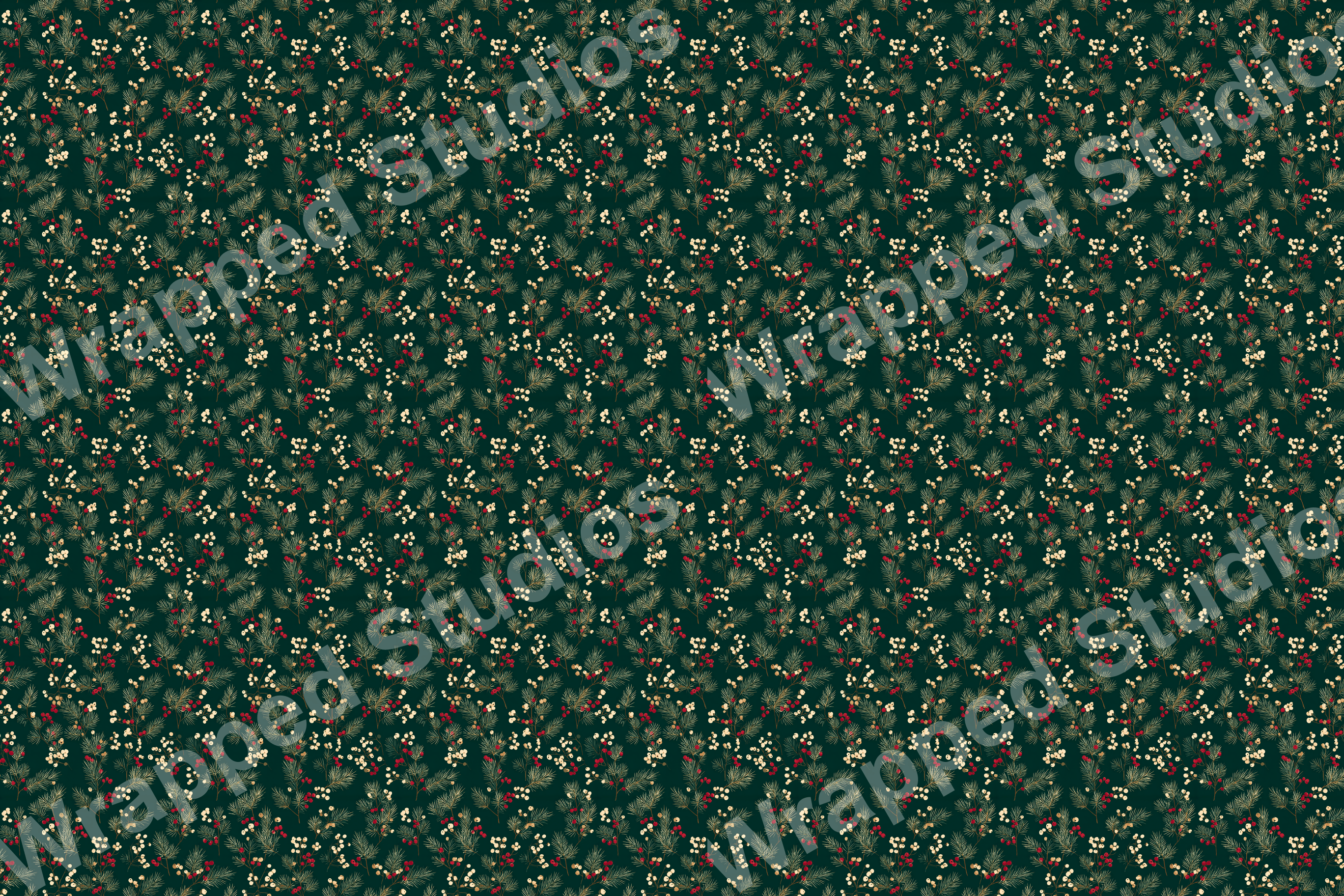 A Christmas botanical pattern of pine branches and red and white berries on dark green ground.