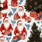 Vintage Christmas pattern featuring retro Santa Claus, green pine trees, and blue holly on a cream background.