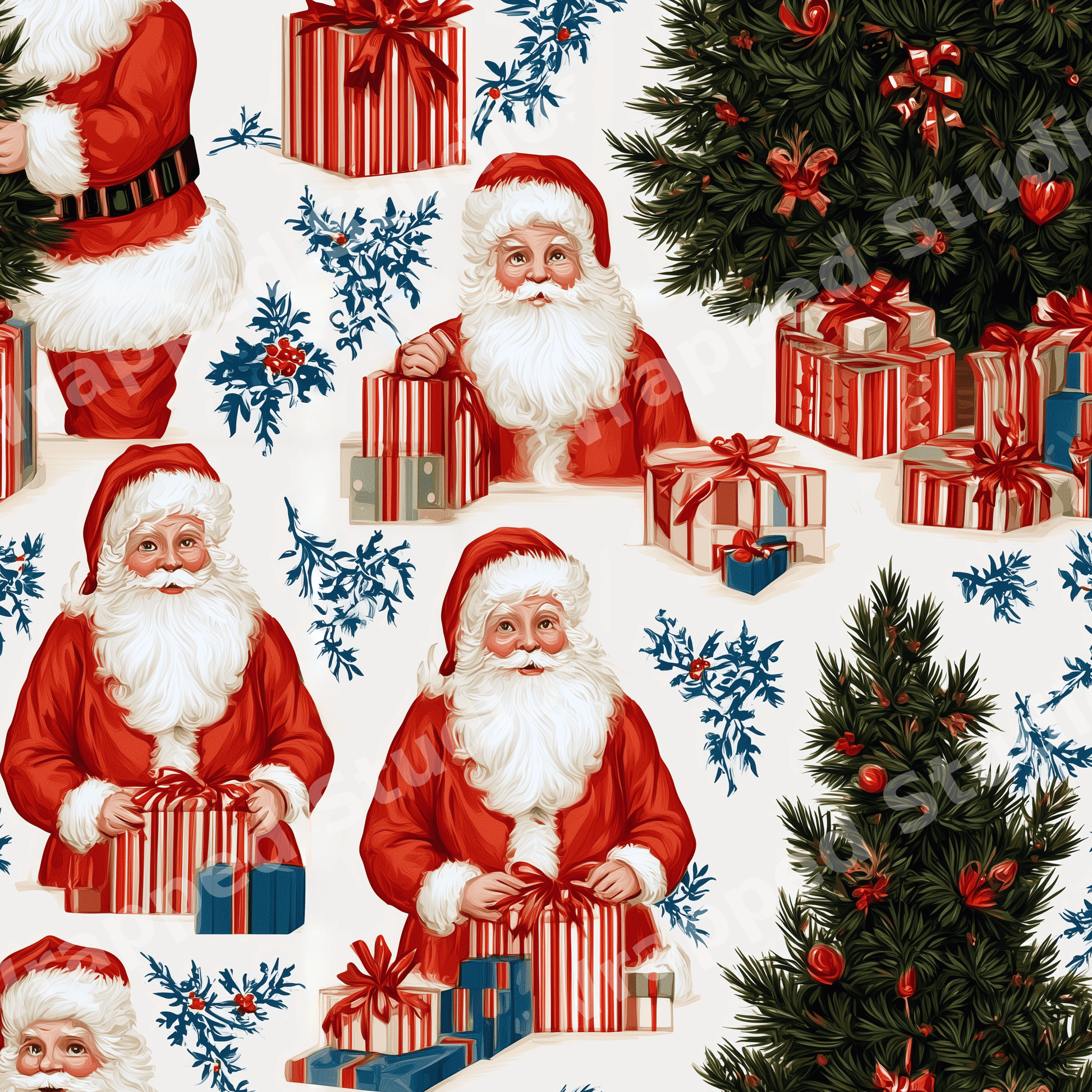 Vintage Christmas pattern featuring retro Santa Claus, green pine trees, and blue holly on a cream background.