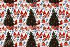 Vintage Christmas pattern with retro Santa Claus and decorated holiday trees on a cream background.