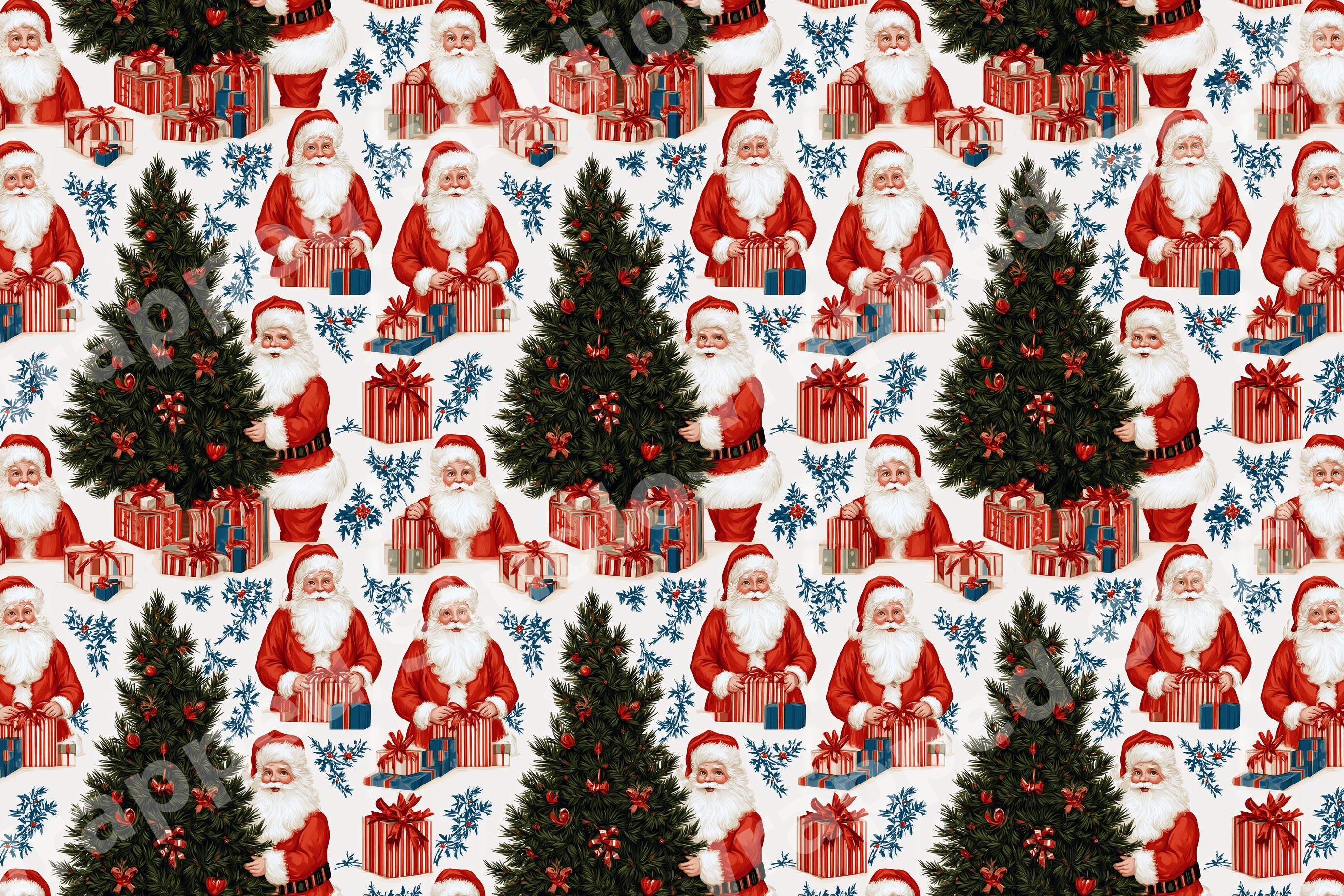 Vintage Christmas pattern with retro Santa Claus and decorated holiday trees on a cream background.