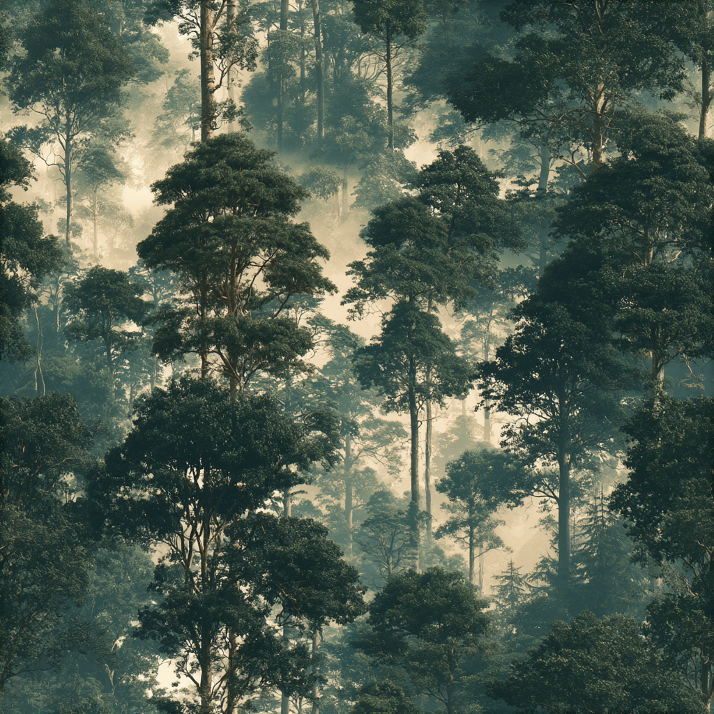Seamless vintage forest pattern with tall dark green trees in a misty, foggy woodland.