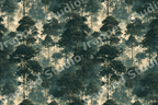 Moody vintage botanical forest pattern with dark green trees on a warm cream background.