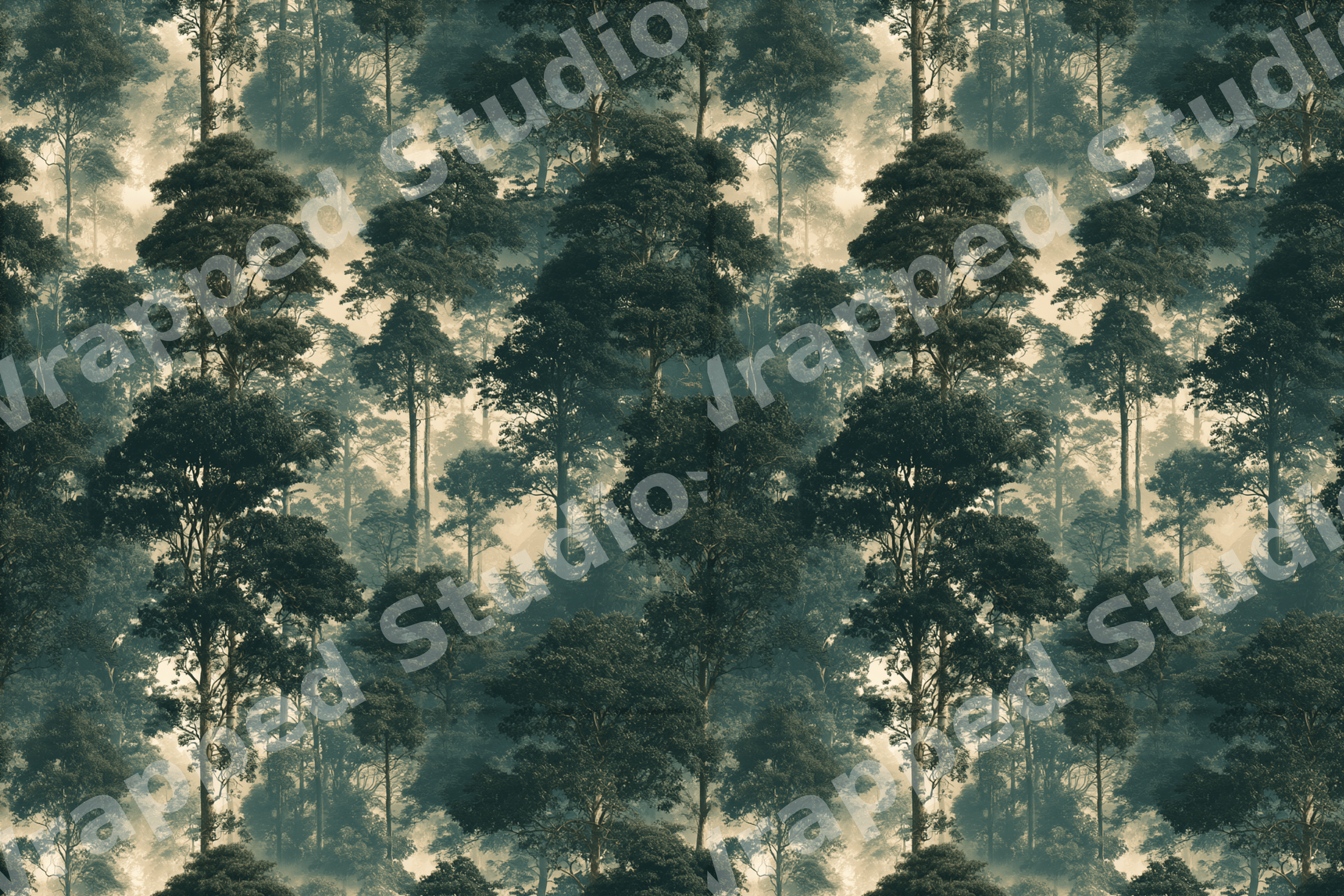 Moody vintage botanical forest pattern with dark green trees on a warm cream background.