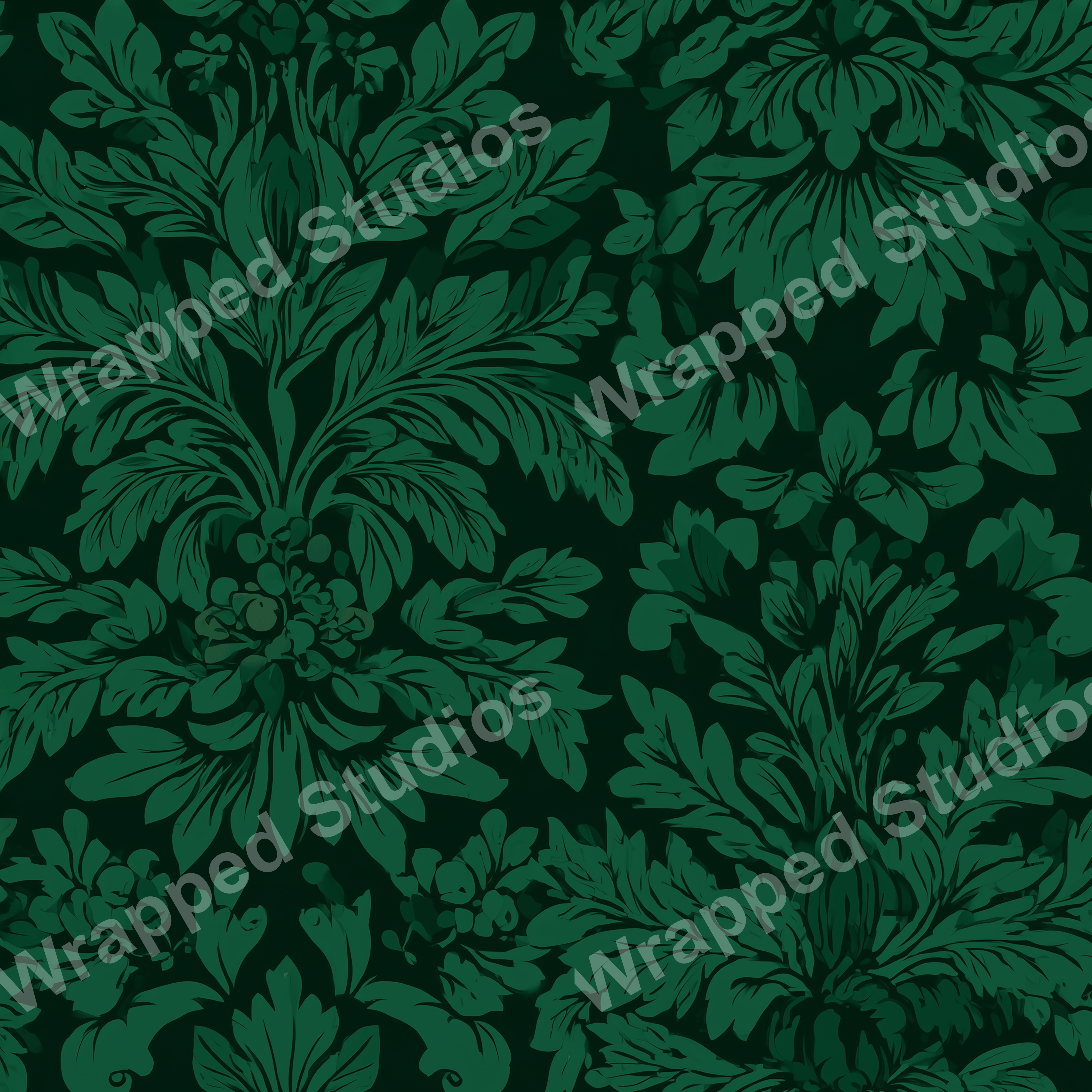 Elegant, dark green floral pattern with stylized botanical motifs.