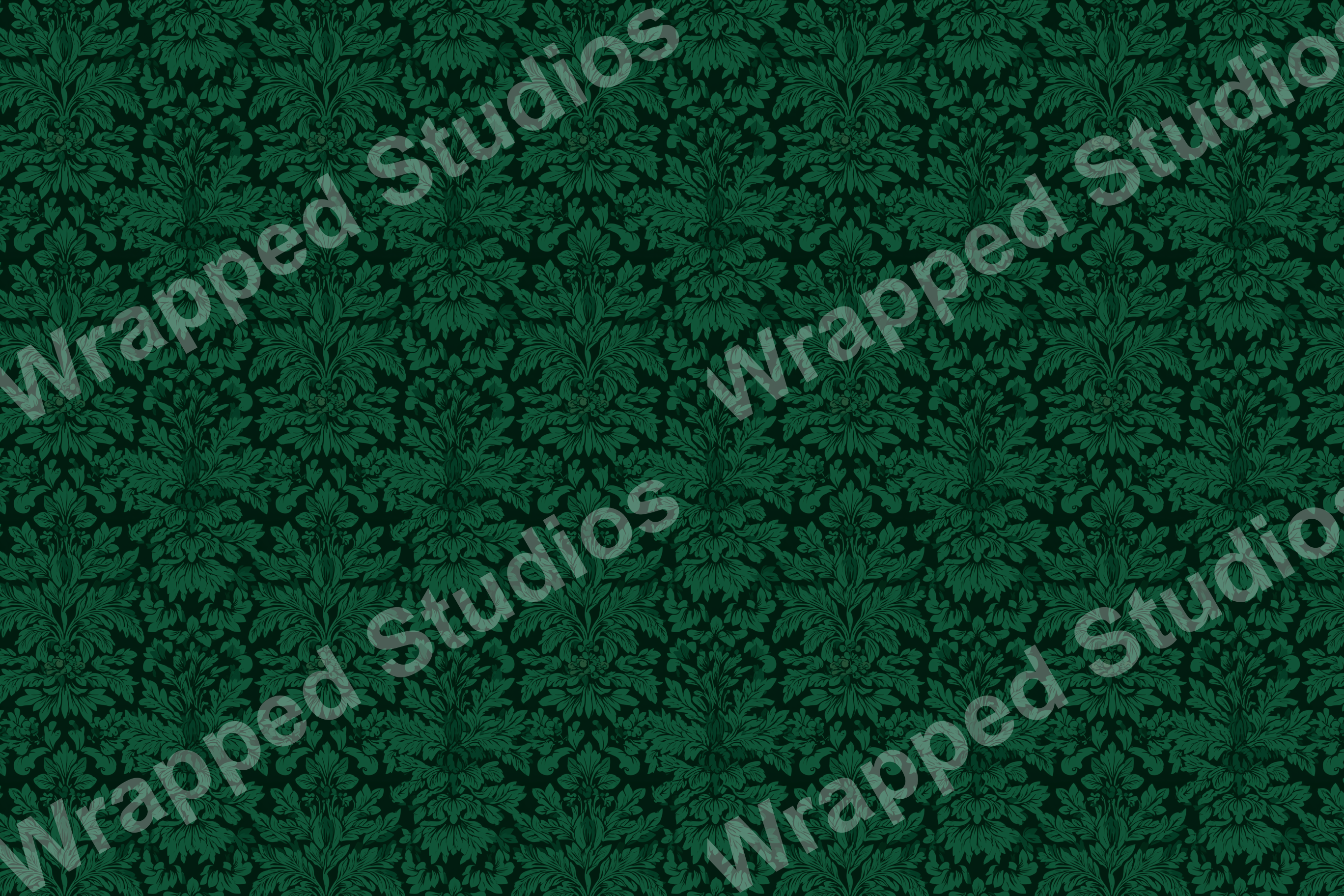 Dark green vintage botanical design with scrolling leaves and floral elements.