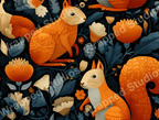 Squirrel and floral pattern with navy, cream and orange hues, a vintage style design.