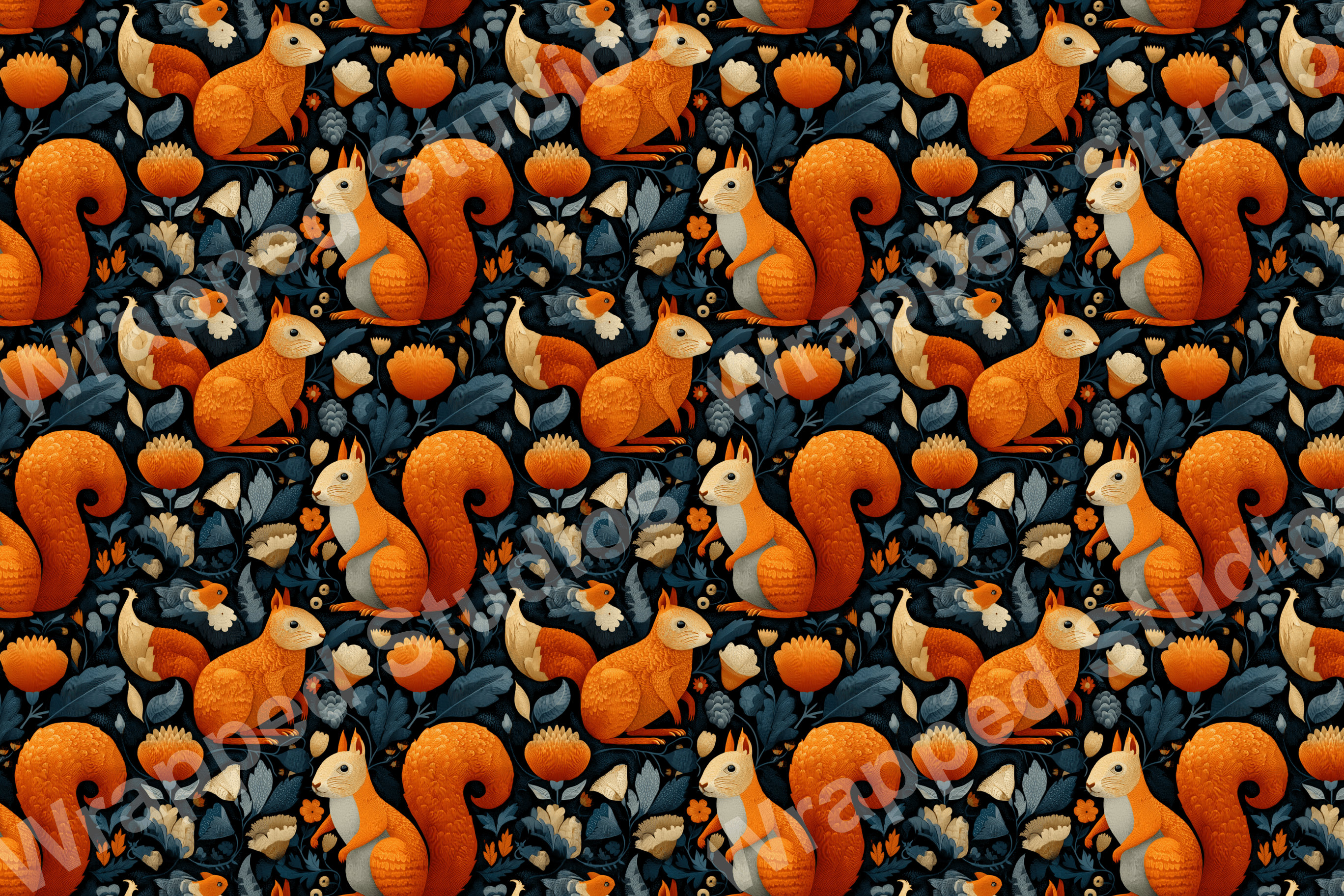 Seamless pattern with orange squirrels, flowers, and blue foliage on a dark background.