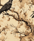Elegant sepia-toned botanical design with birds perched among flowering branches.