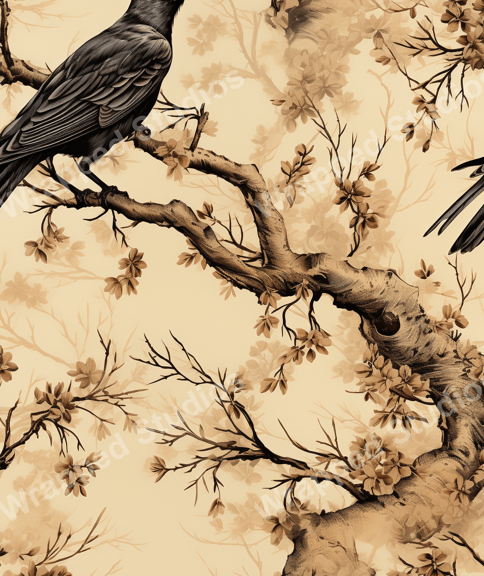 Elegant sepia-toned botanical design with birds perched among flowering branches.