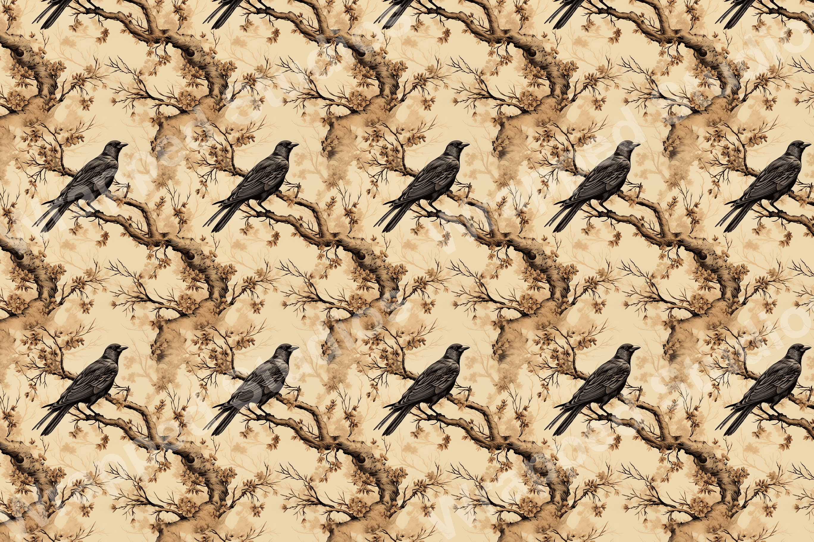 Elegant bird and blossom repeat pattern in sepia tones.