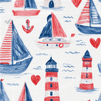 Playful nautical pattern with hand-drawn red and blue sailboats, lighthouses, waves, and hearts.