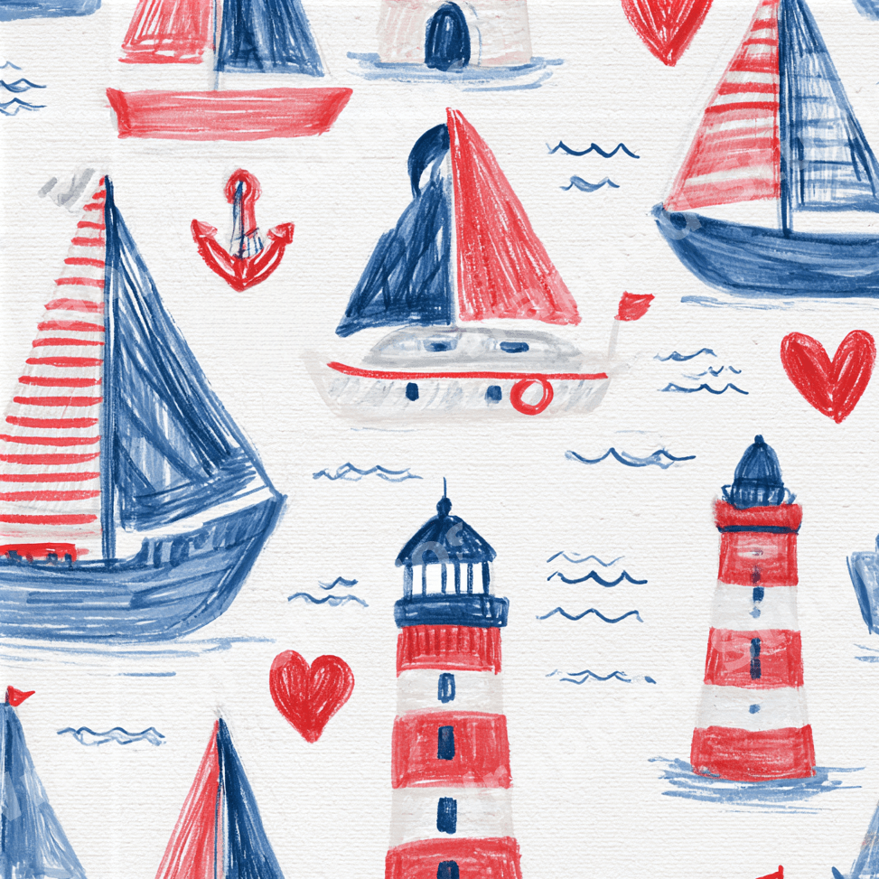 Playful nautical pattern with hand-drawn red and blue sailboats, lighthouses, waves, and hearts.