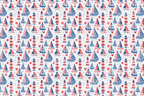 Playful nautical pattern featuring hand-drawn sailboats, striped lighthouses, and red hearts on white.