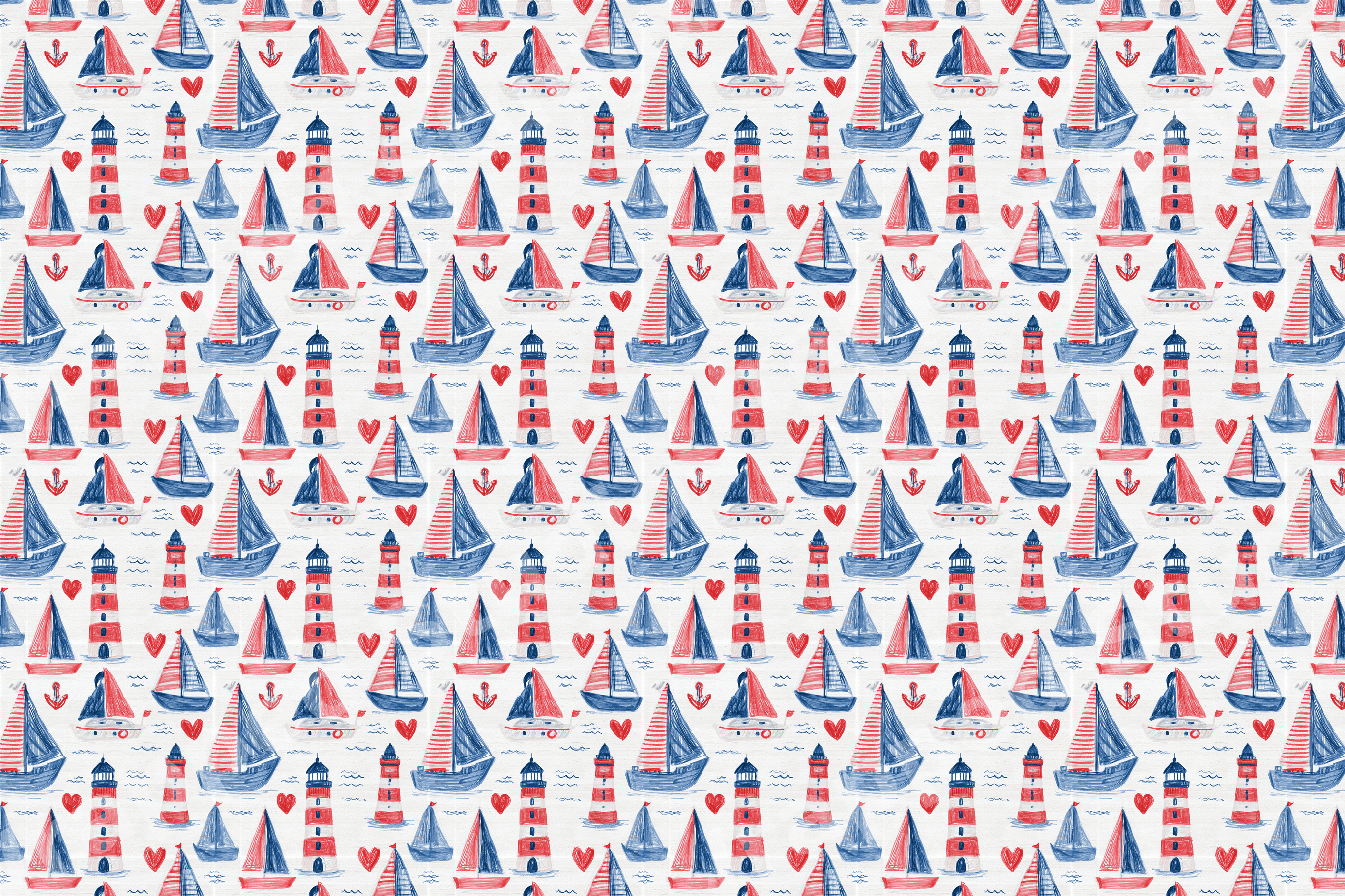 Playful nautical pattern featuring hand-drawn sailboats, striped lighthouses, and red hearts on white.