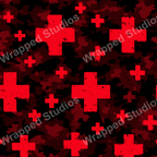Distressed cross repeat pattern in bold red on a dark abstract camo background.