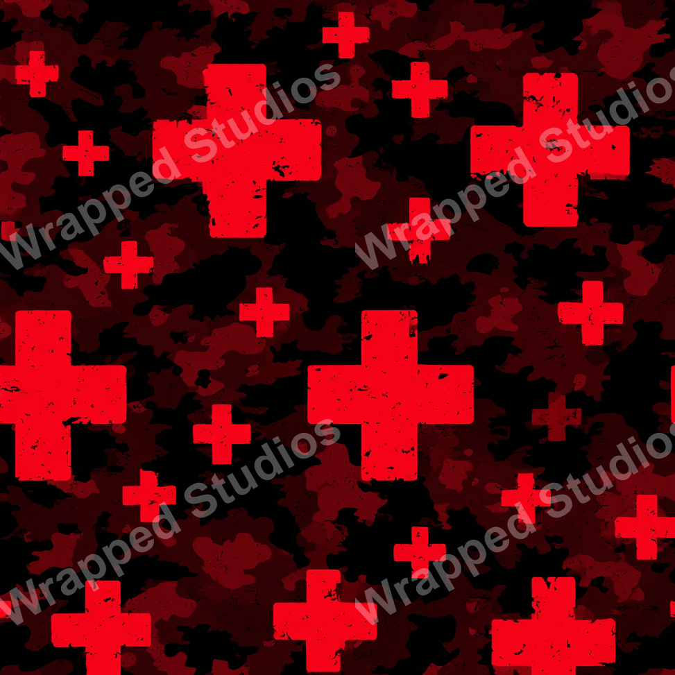 Distressed cross repeat pattern in bold red on a dark abstract camo background.