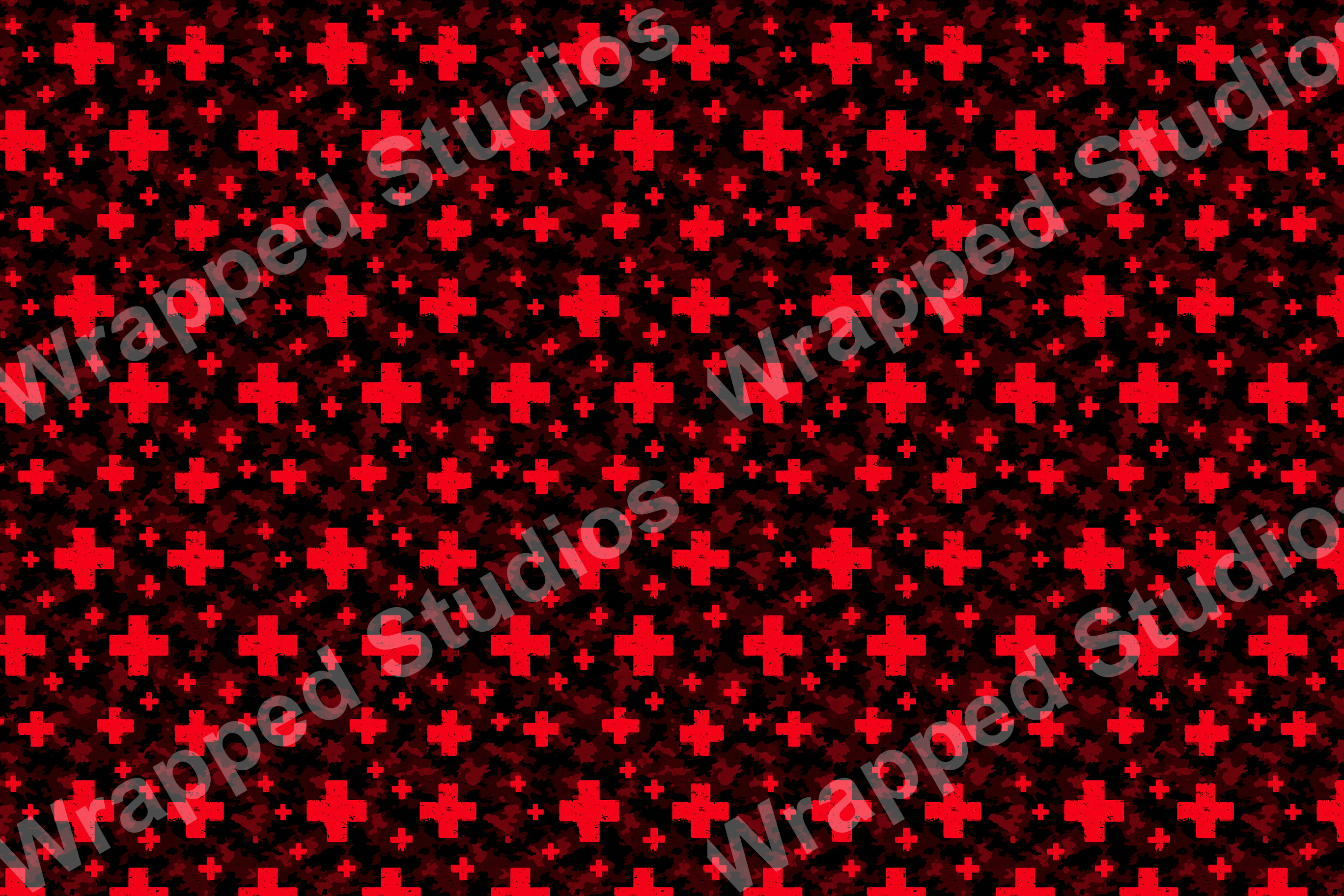 Distressed red crosses create a bold, geometric pattern on a dark background.