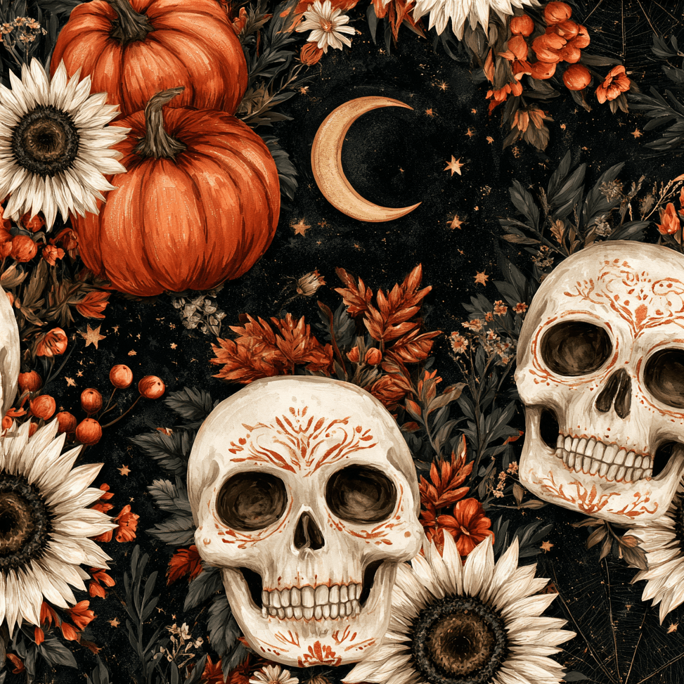 Vintage gothic skull and pumpkin floral pattern with sunflowers and crescent moons on a dark background.