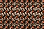 Vintage gothic pattern featuring cream skulls, orange pumpkins, sunflowers, and gold crescent moons.