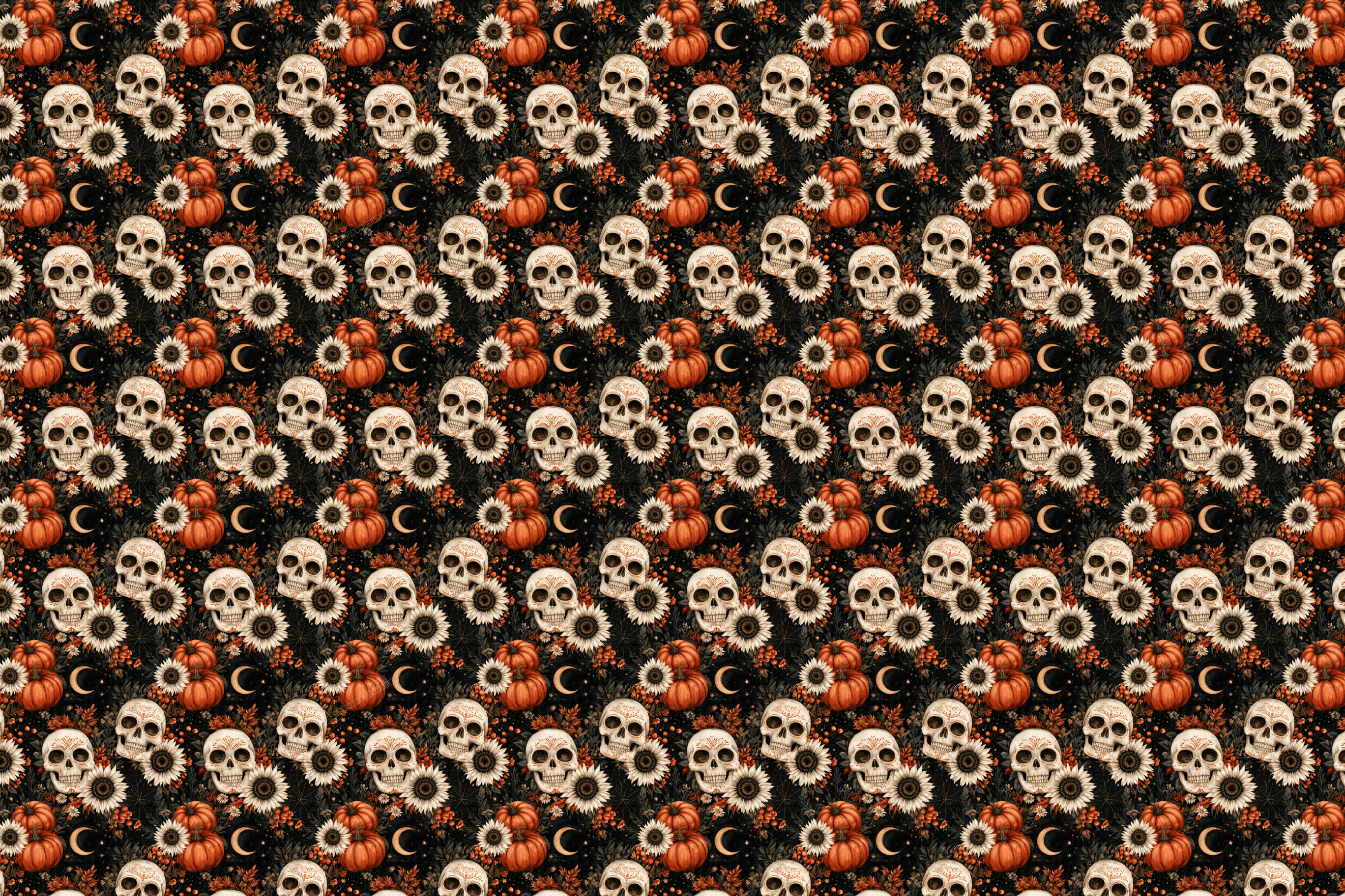 Vintage gothic pattern featuring cream skulls, orange pumpkins, sunflowers, and gold crescent moons.
