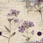 Elegant floral pattern with purple blossoms and vintage handwritten script.