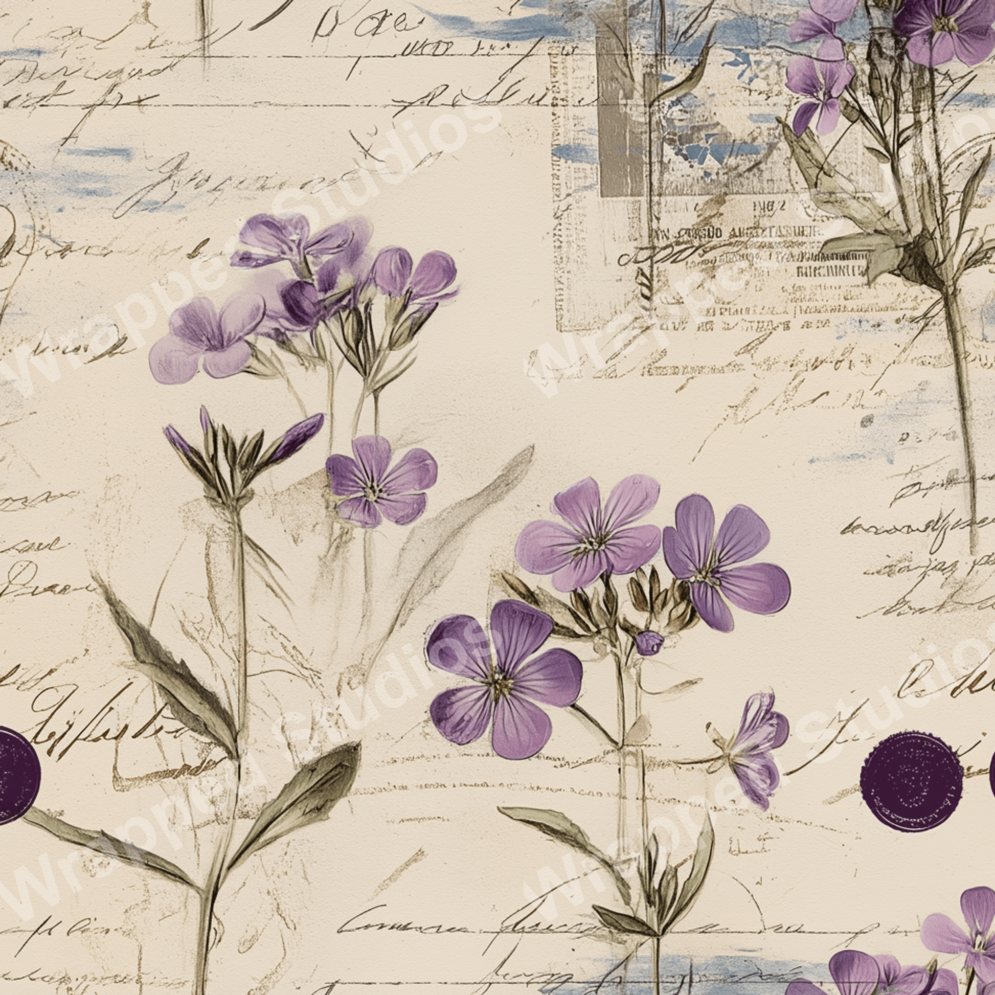 Elegant floral pattern with purple blossoms and vintage handwritten script.
