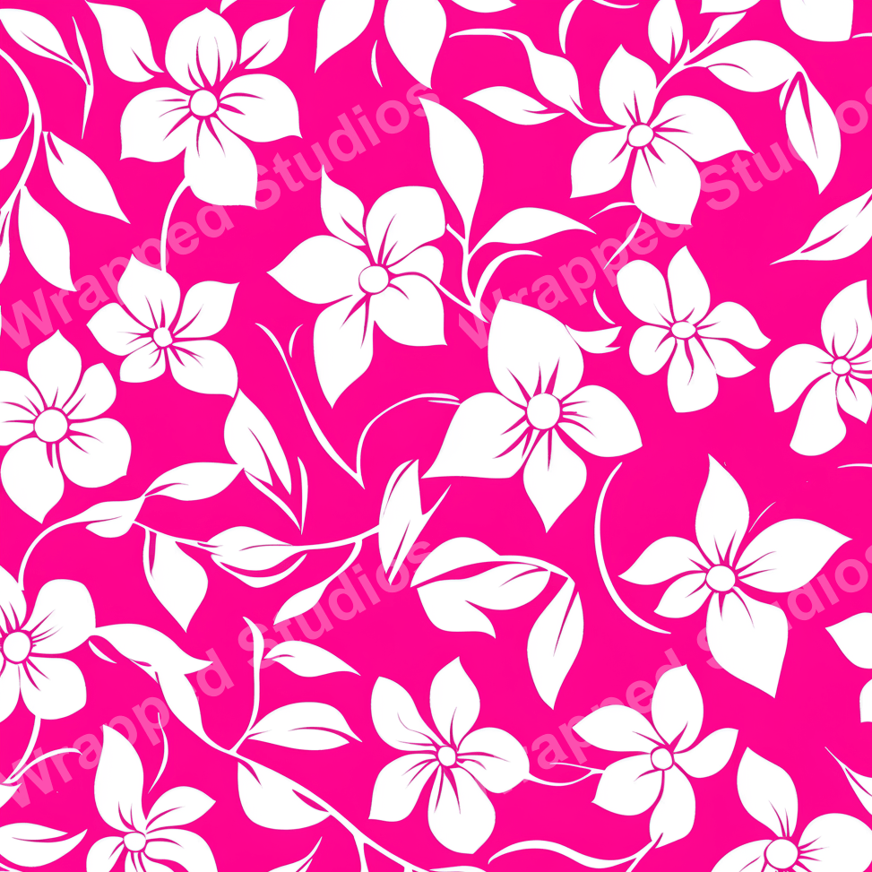 White floral pattern with leaves on a bright pink background.