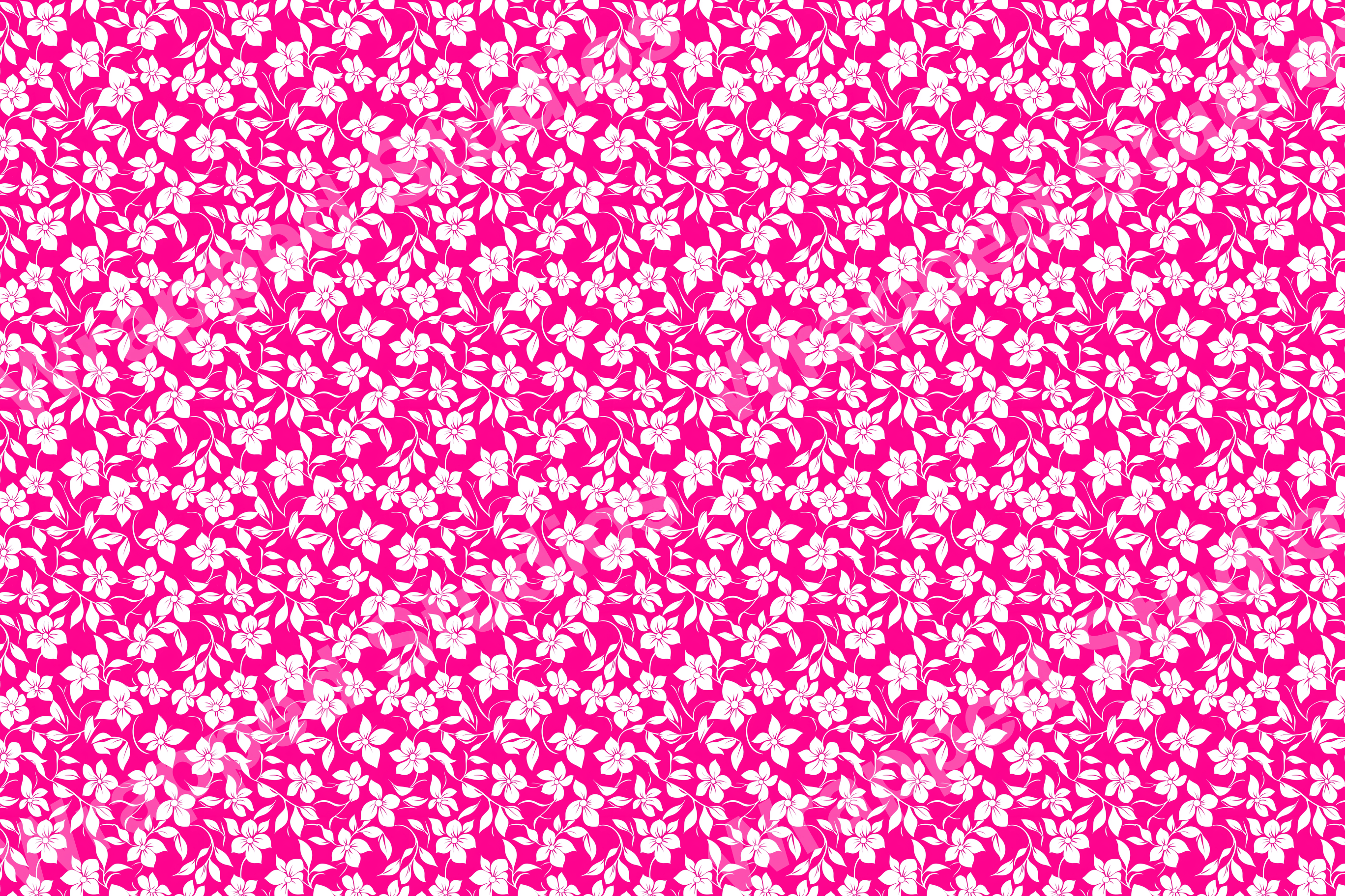 All-over floral pattern with small white blossoms and leaves on a bright pink background.