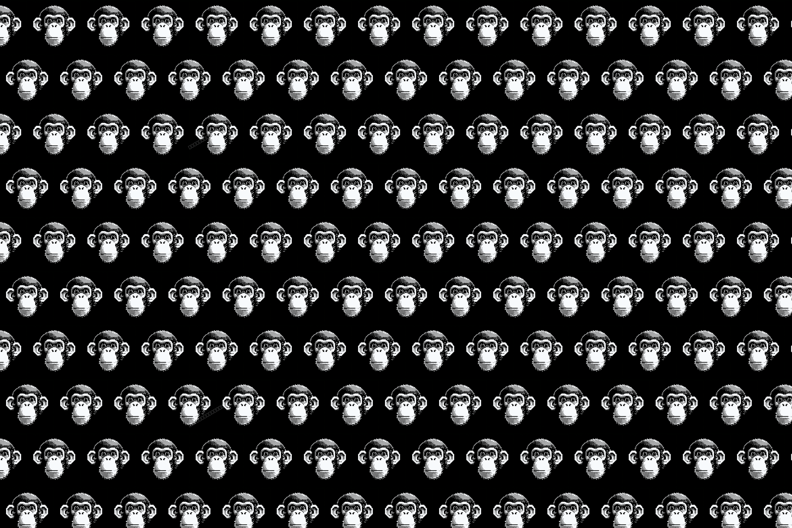 Seamless monkey pattern featuring repeating pixel art chimpanzee faces in black and white.