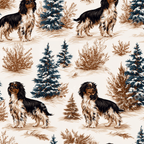 Vintage winter spaniel dog pattern with snowy pine trees and rustic woodland foliage.