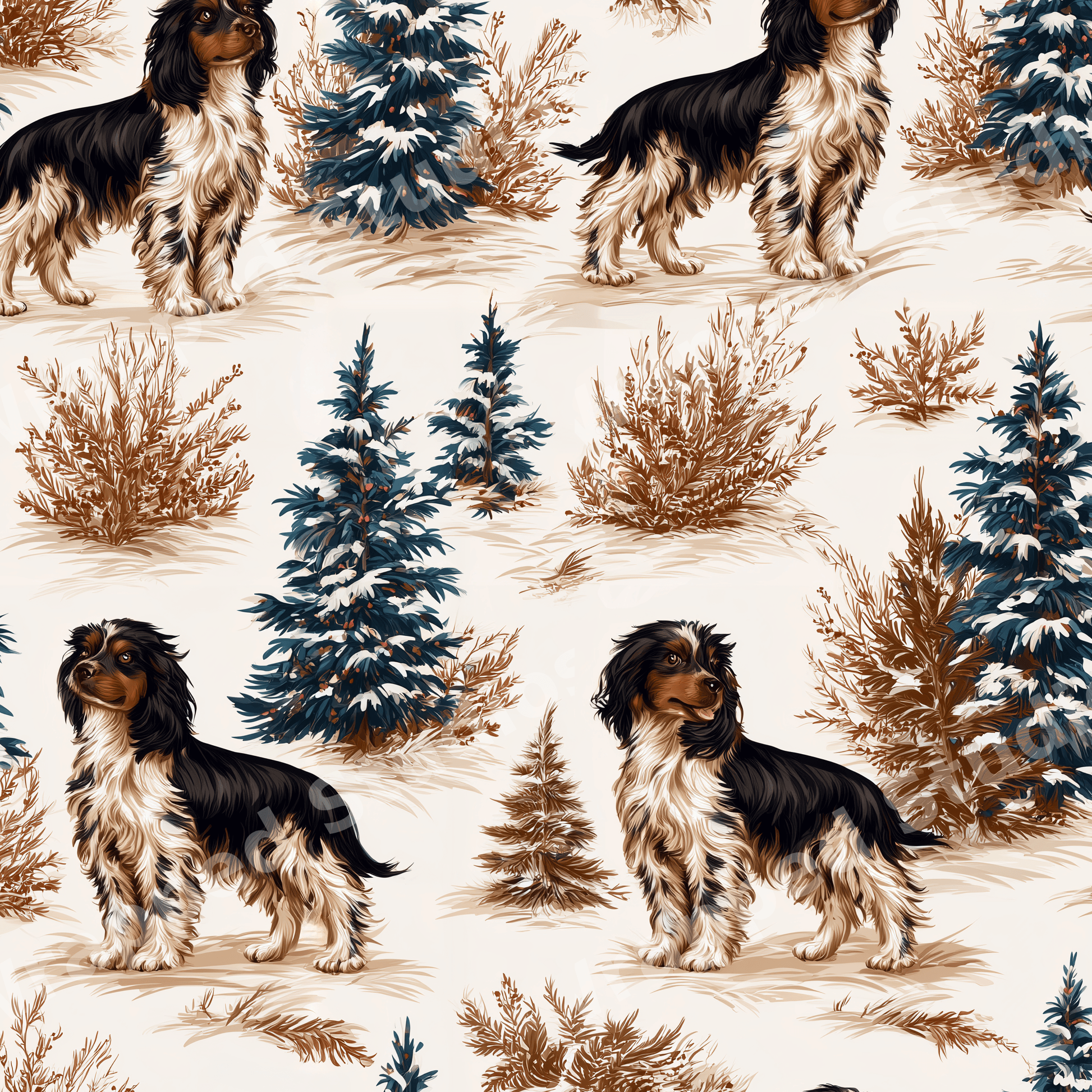 Vintage winter spaniel dog pattern with snowy pine trees and rustic woodland foliage.