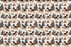 Vintage toile dog pattern with Cavalier King Charles Spaniels and snowy pine trees in a rustic winter forest.