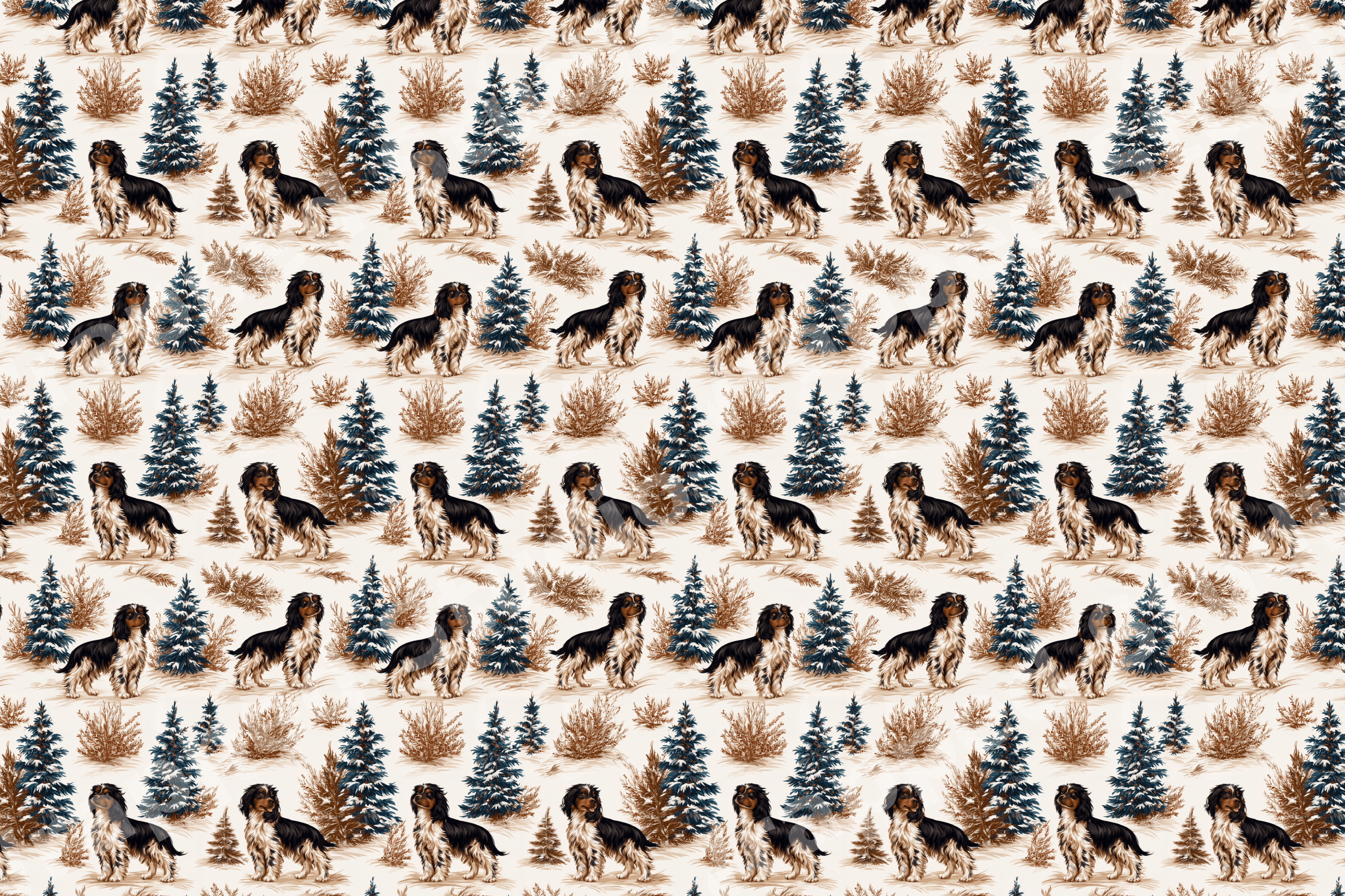 Vintage toile dog pattern with Cavalier King Charles Spaniels and snowy pine trees in a rustic winter forest.