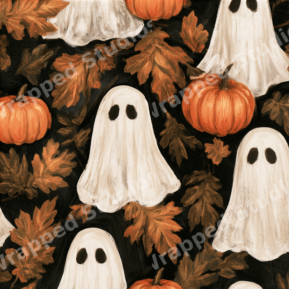 Vintage Halloween pattern with white ghosts, orange pumpkins, and autumn leaves on a black background.