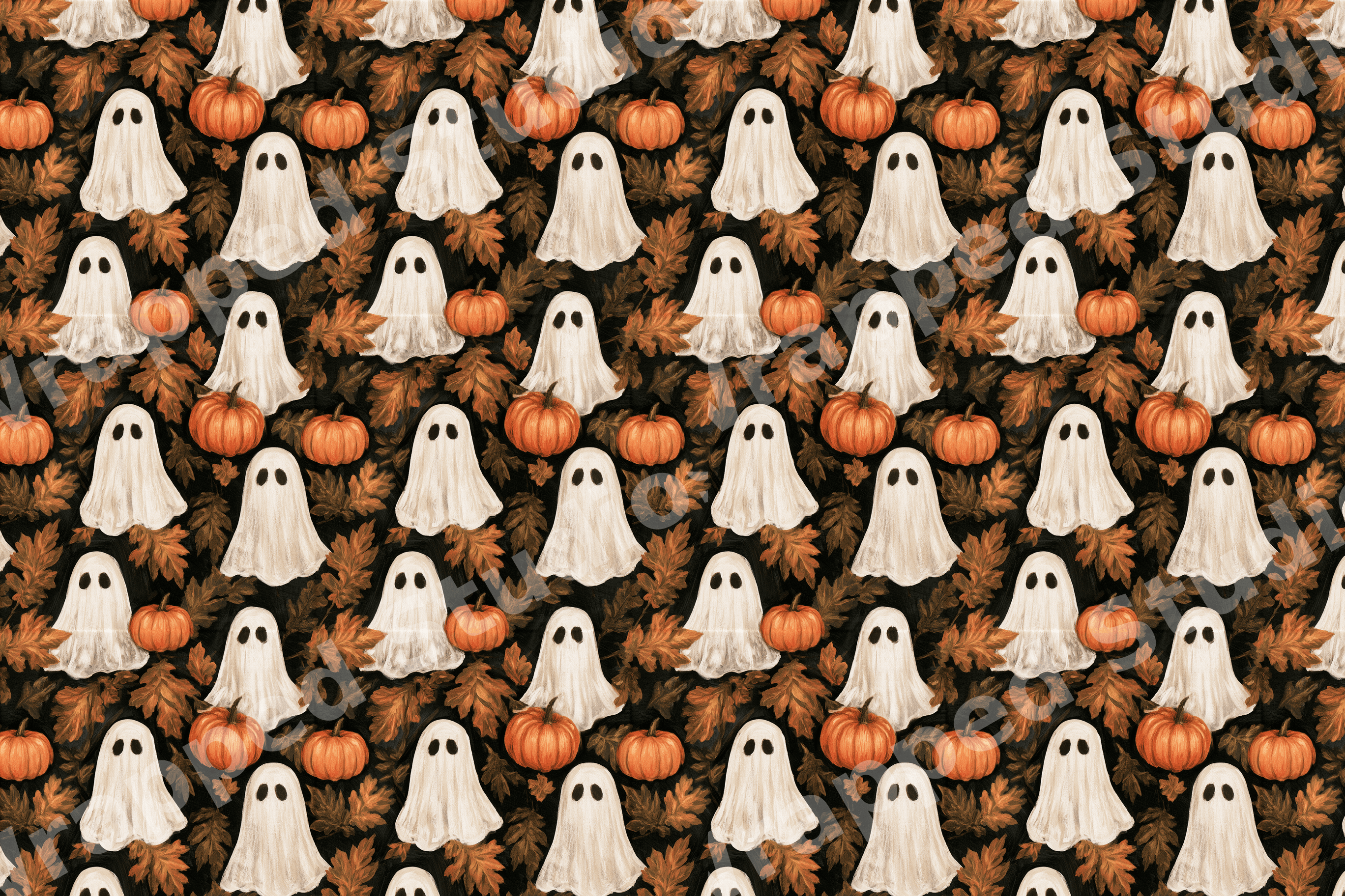 Vintage Halloween pattern featuring white sheet ghosts, orange pumpkins, and autumn oak leaves on black.