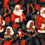 Vintage Black Santa and retro glamorous Mrs. Claus Christmas pattern with red poinsettias on a dark background.