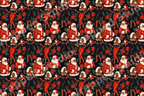 Retro Christmas pattern featuring Black Santa Claus, elegant holiday pin-ups, and red poinsettias on black.