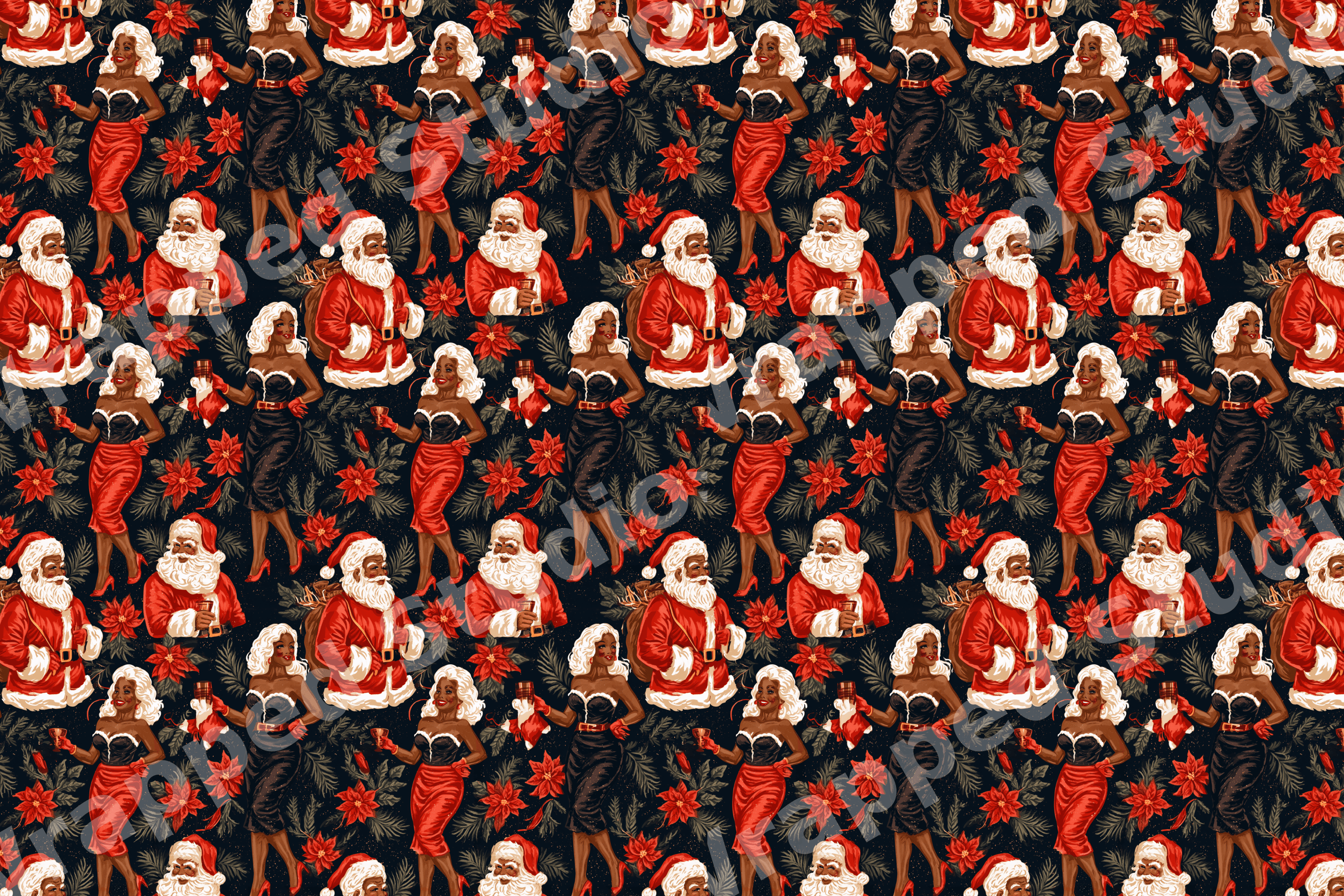 Retro Christmas pattern featuring Black Santa Claus, elegant holiday pin-ups, and red poinsettias on black.