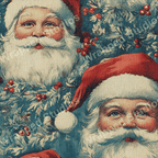 Vintage Santa Claus pattern with winter greenery and red berries on a teal blue backdrop.