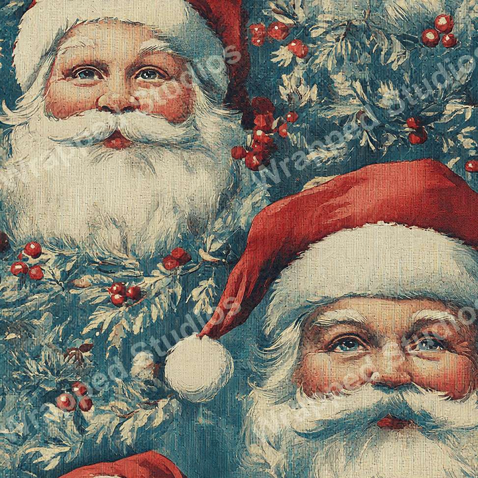 Vintage Santa Claus pattern with winter greenery and red berries on a teal blue backdrop.