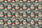 Repeating Santa Claus portrait pattern with red hats and holly leaves on a teal background.