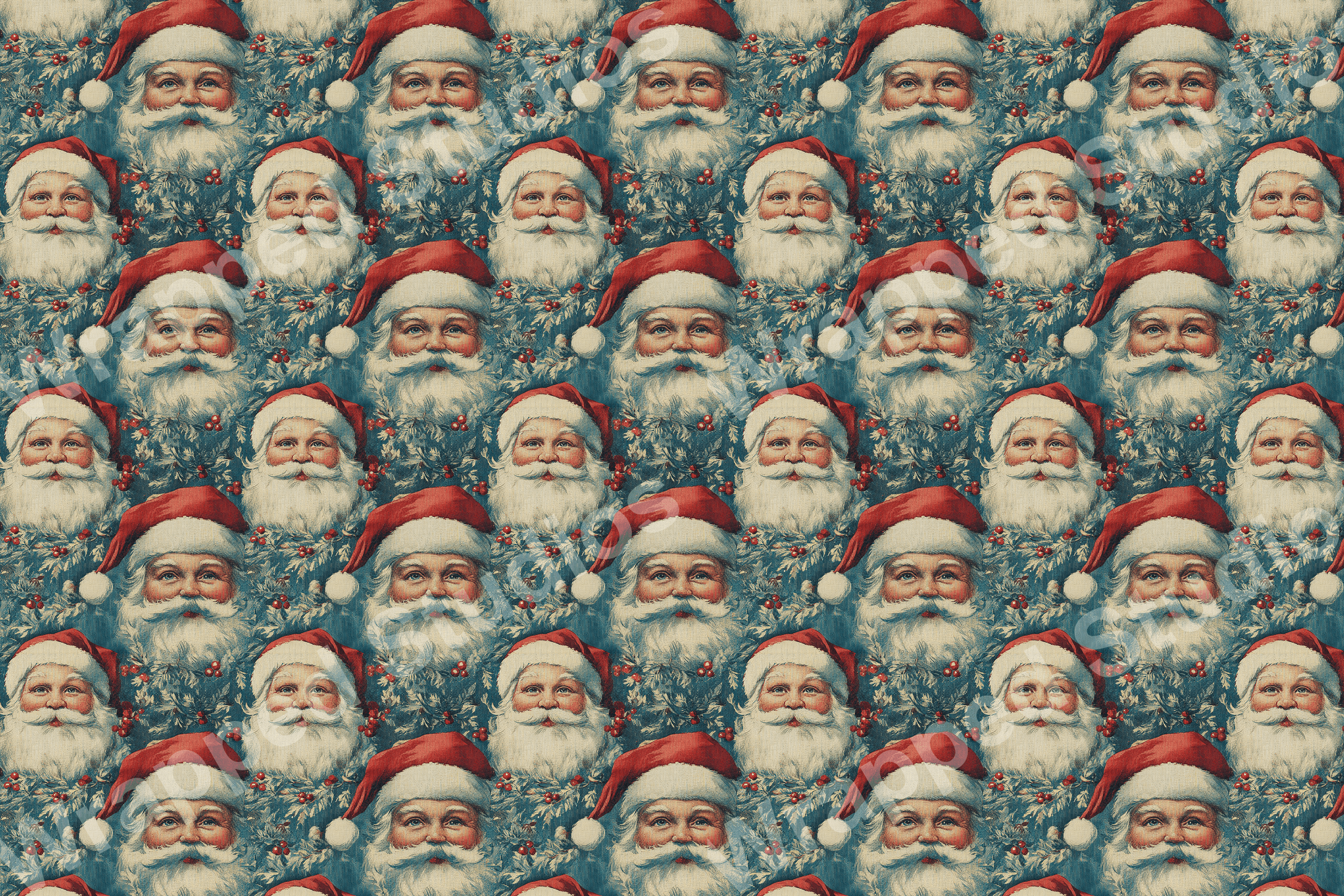 Repeating Santa Claus portrait pattern with red hats and holly leaves on a teal background.
