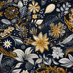 Elegant floral pattern design in gold, gray, and white on a dark navy background.