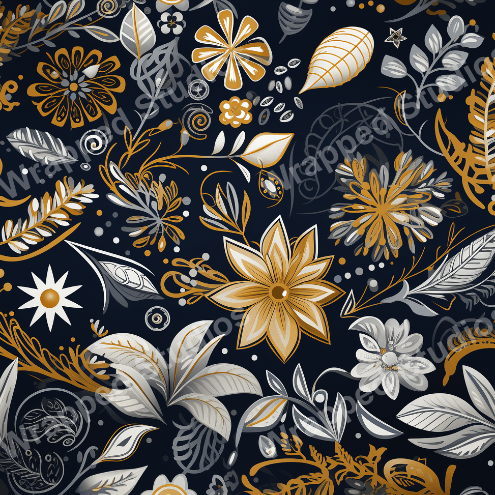 Elegant floral pattern design in gold, gray, and white on a dark navy background.