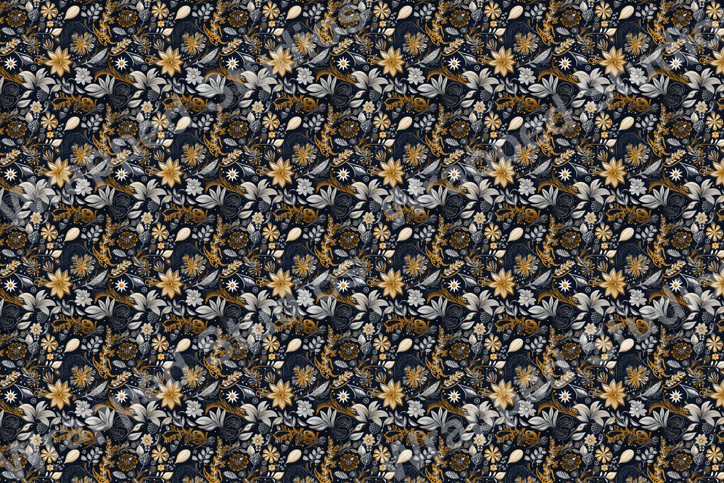 Seamless floral pattern with gold and grey flowers and foliage on a dark blue background.