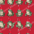 Playful Christmas frog pattern featuring green frogs in Santa hats on a red background.